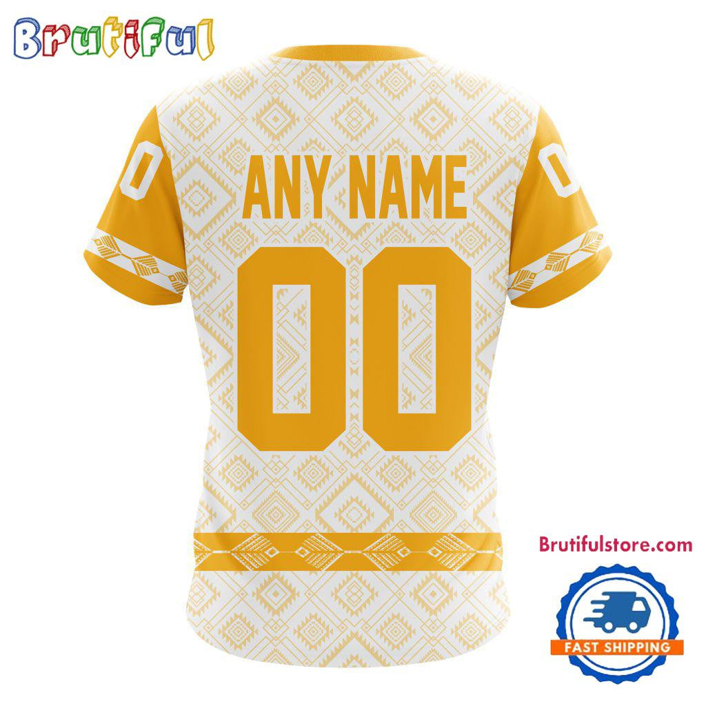 Boston Bruins Hockey Team Native Heritage Design Custom Name Number All Over Printed T-shirt - White