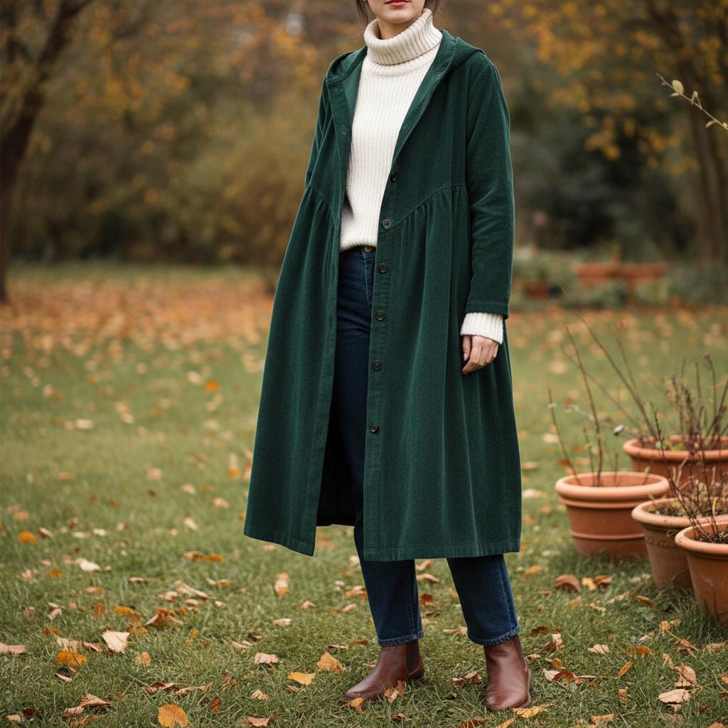 Corduroy Button Up Trench Coat: Retro Hooded Thickened Cotton Coat