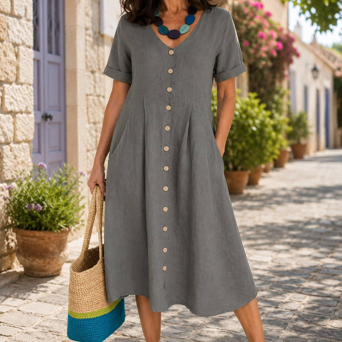 Cotton Linen Blend Midi Dress, Button Front Dress, Casual Summer Outfit, Pockets, Loose Fit