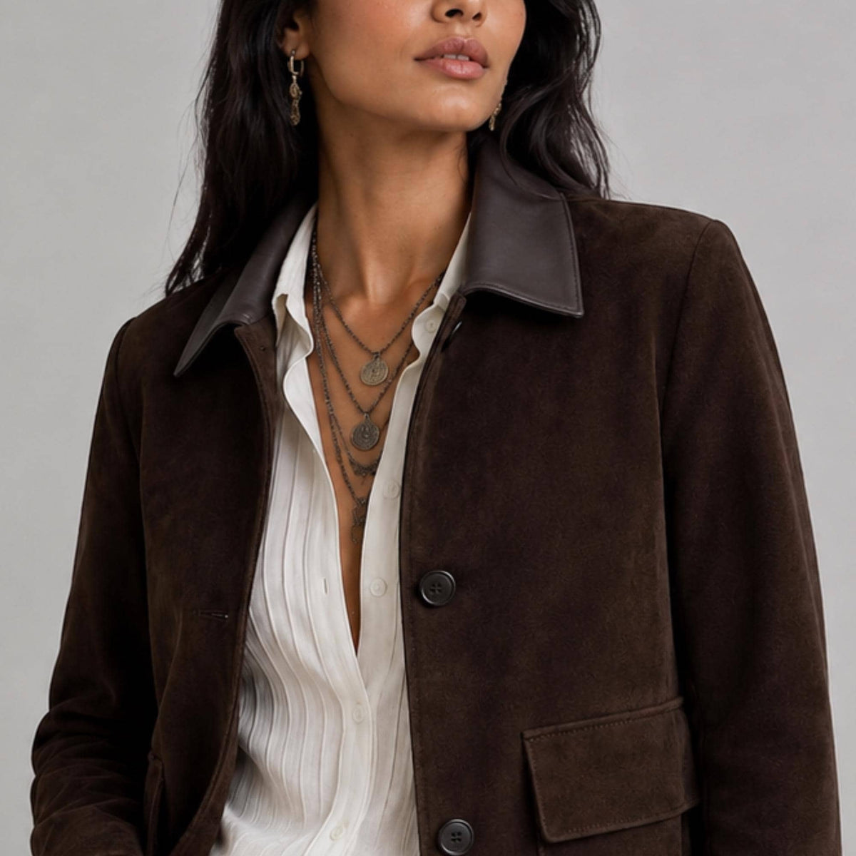 Women's Brown Suede Leather Coat | Vintage 70s Suede Jacket | Classic Button Front Lapel Suede Blazer | Gift For Her