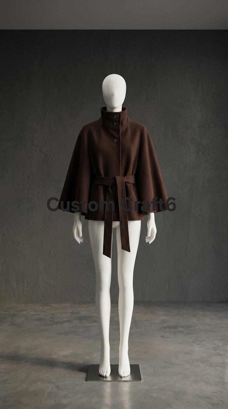 Women Dark Brown Wool Cape Coat with Belt, Vintage Short Poncho Jacket, Elegant Winter Wrap Coat, Chic Trench Style Cape Top