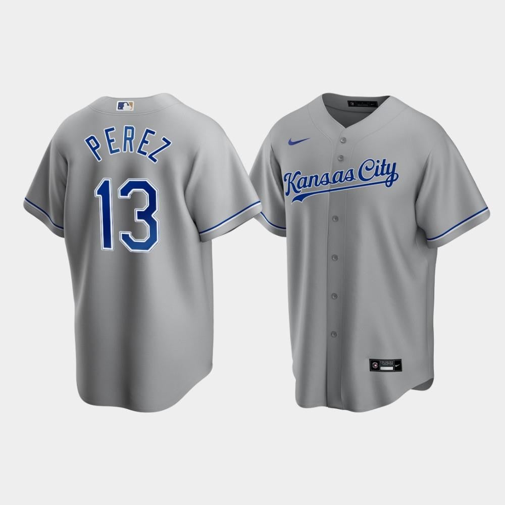 Men's Kansas City Royals Salvador Perez 13 Gray Road Cool Base Jersey Jersey