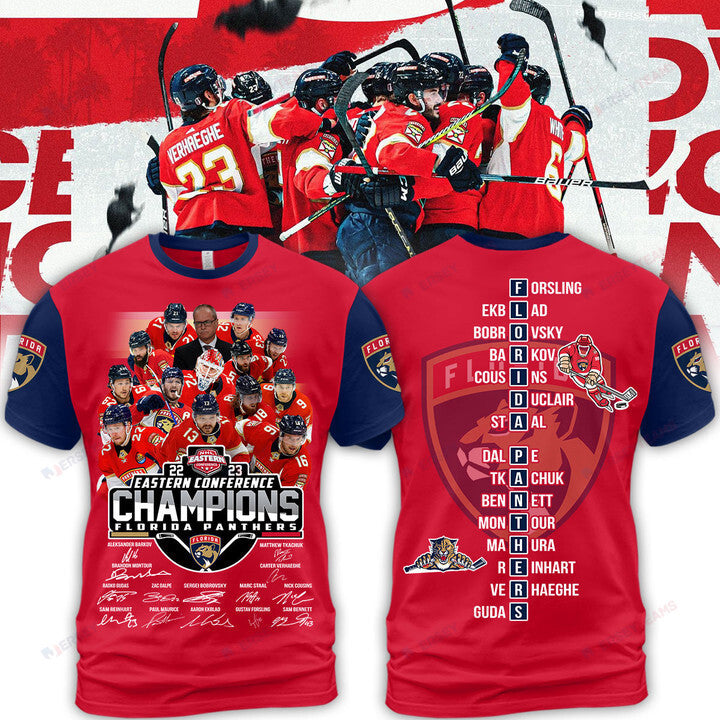 Florida Panthers Eastern Conference 2023 Champions Name And Signed All Over Printed T-shirt - Red