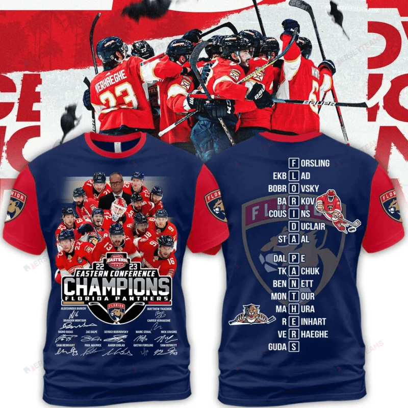 Florida Panthers Eastern Conference 2023 Champions Name And Signed All Over Printed T-shirt - Navy