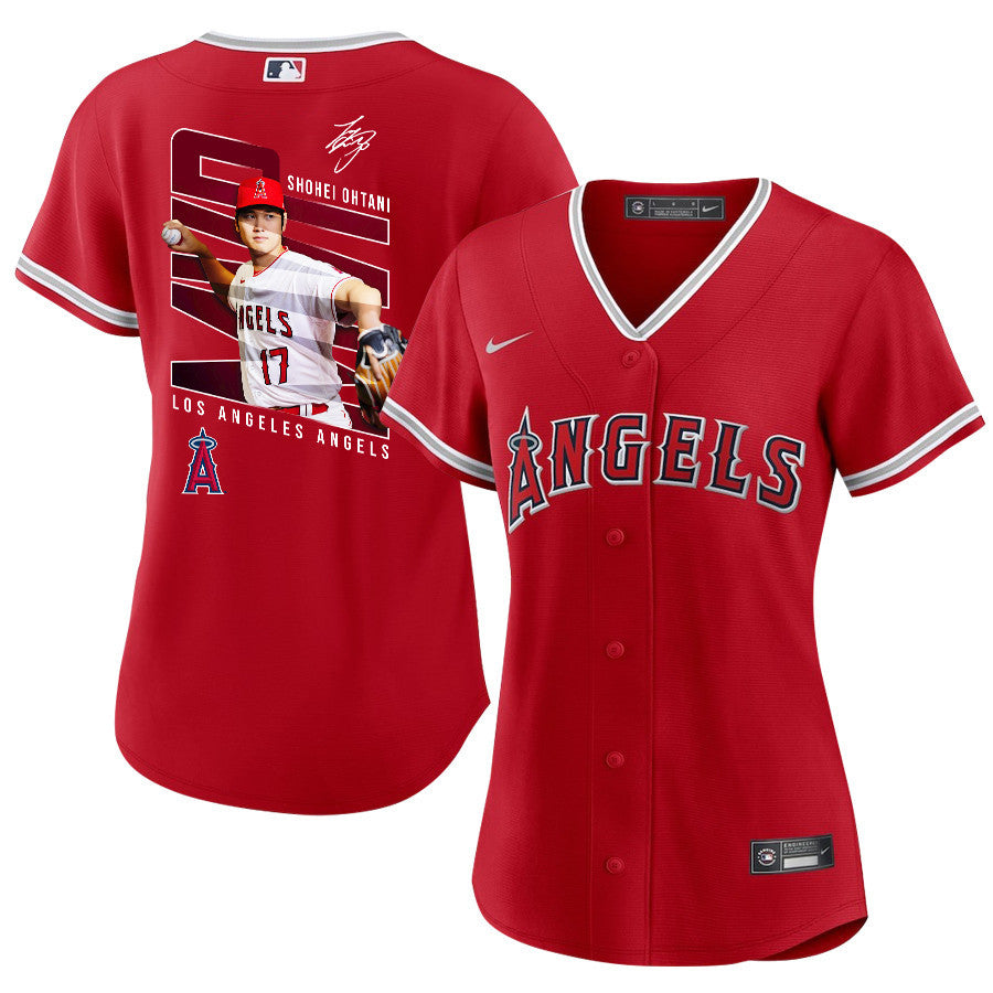 Shohei Ohtani 17 Los Angeles Angels Signed Logo 2023 Alternate Player Women Jersey - Red