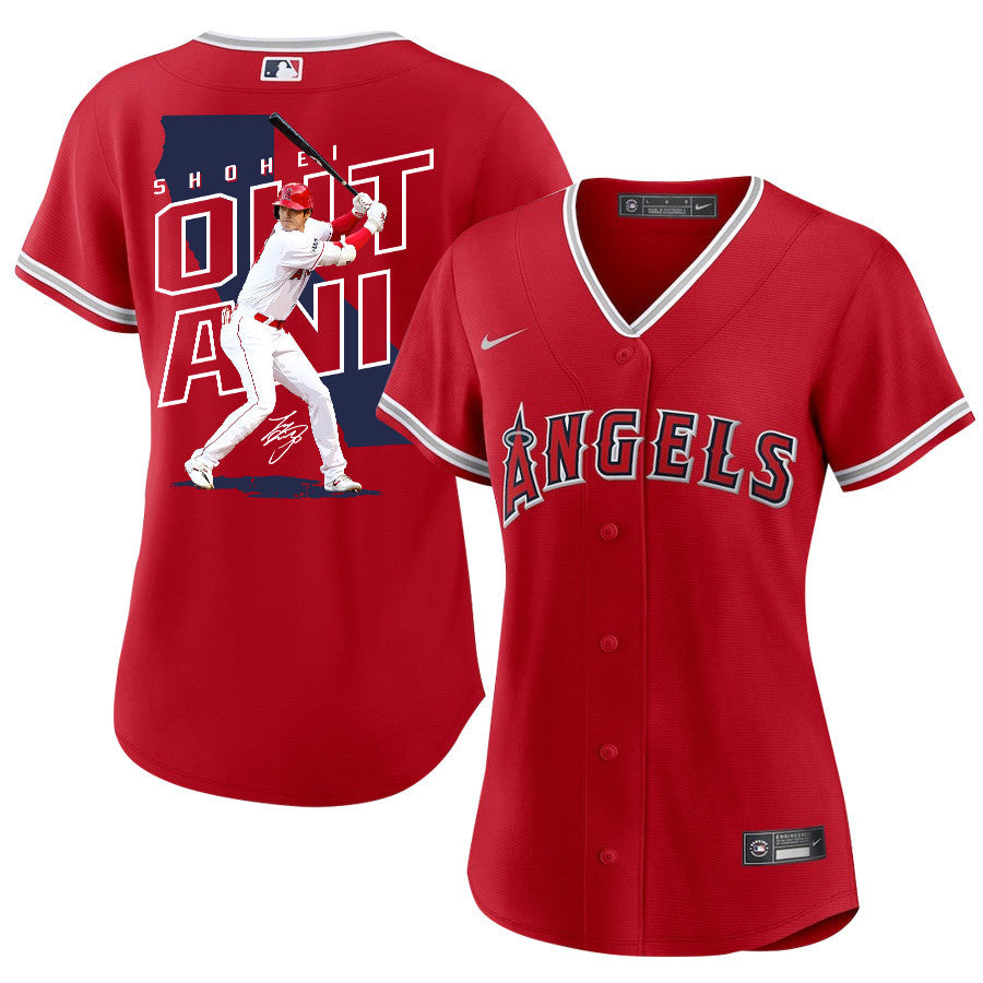 Shohei Ohtani 17 Los Angeles Angels Signed Map 2023 Alternate Player Women Jersey - Red