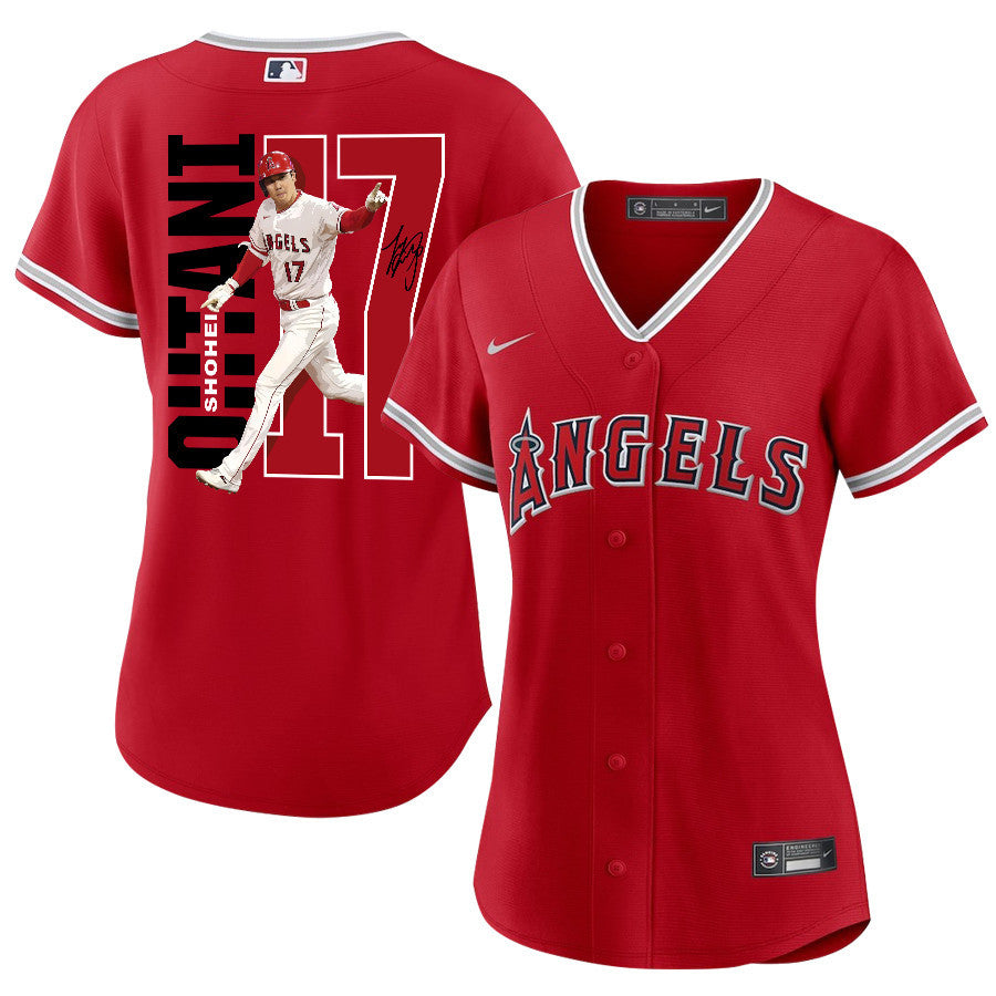 Shohei Ohtani 17 Los Angeles Angels Signed Run 2023 Alternate Player Women Jersey - Red