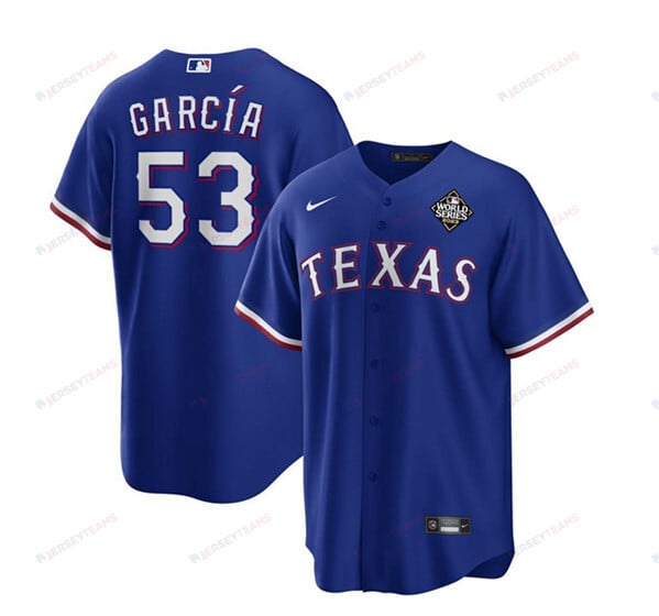Adolis García 53 Texas Rangers 2023 World Series Stitched Baseball Jersey - Royal