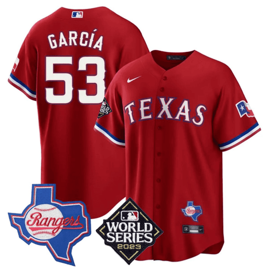 Adolis Garcia 53 Texas Rangers 2023 World Series & Texas State Patch Men Jersey - Red