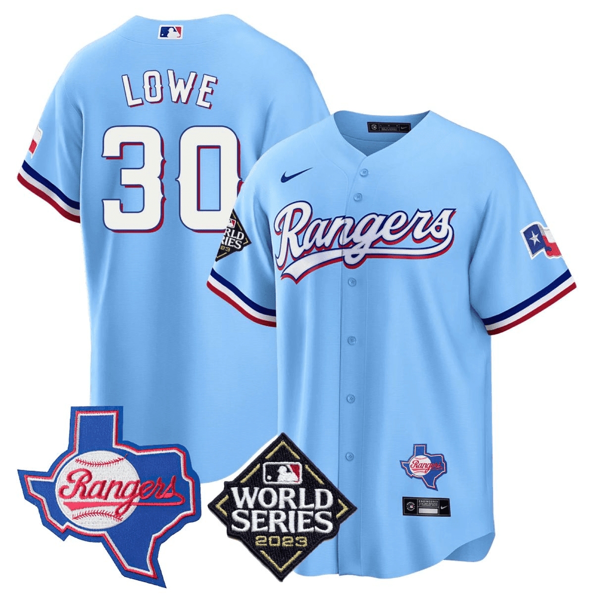 Nathaniel Lowe 30 Texas Rangers 2023 World Series & Texas State Patch Men Jersey - Blue