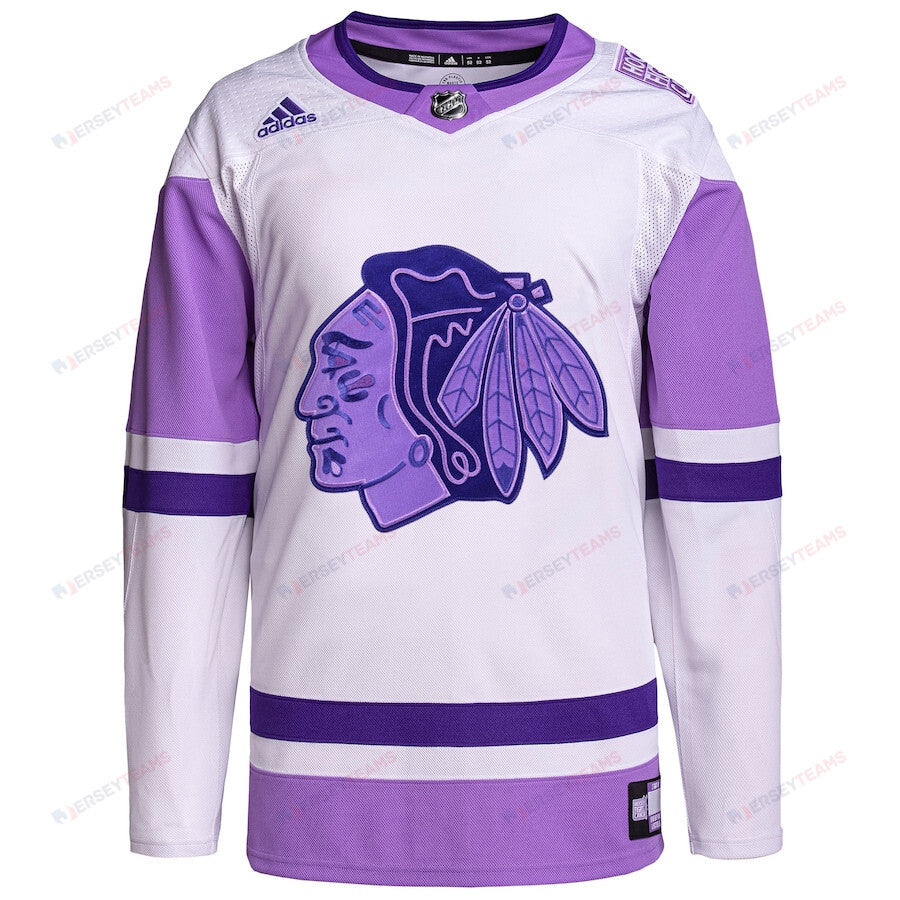 Chicago Blackhawks Hockey Fights Cancer Primegreen Custom Men Jersey - White/Purple