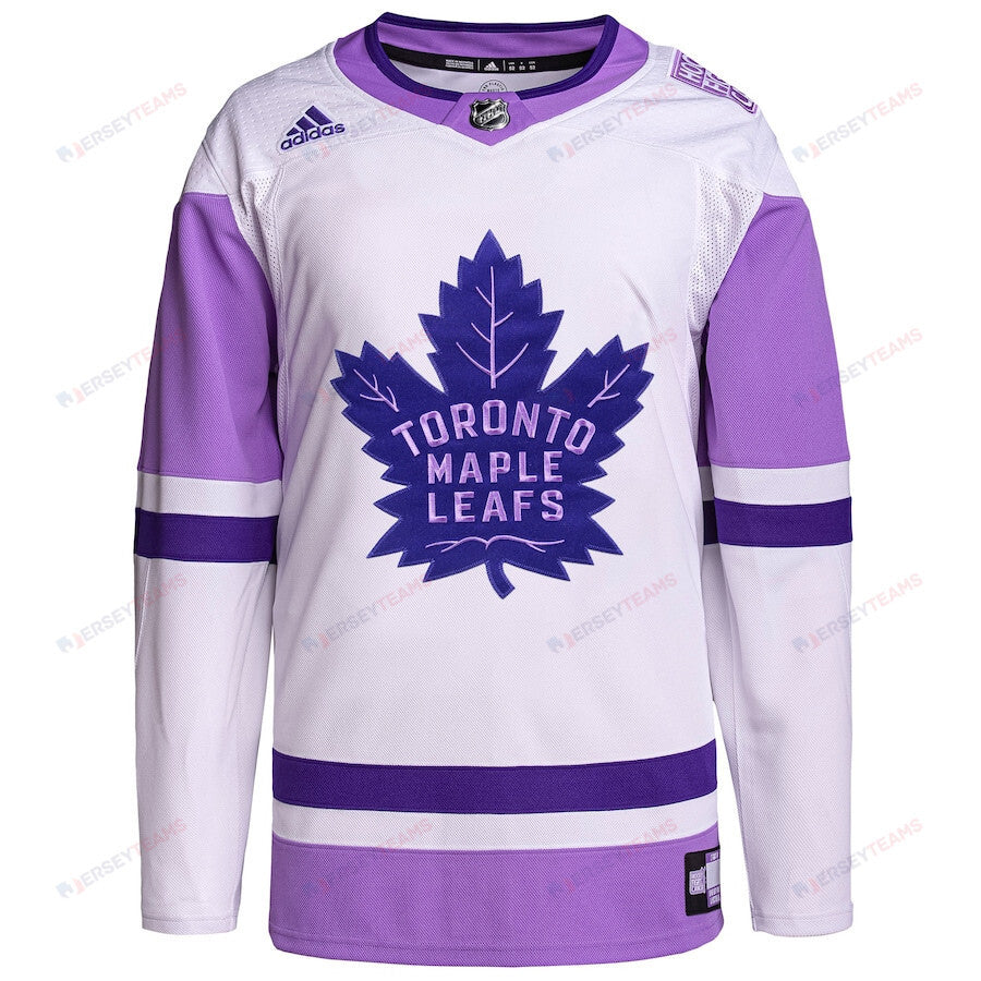 Toronto Maple Leafs Hockey Fights Cancer Primegreen Men Jersey - White/Purple