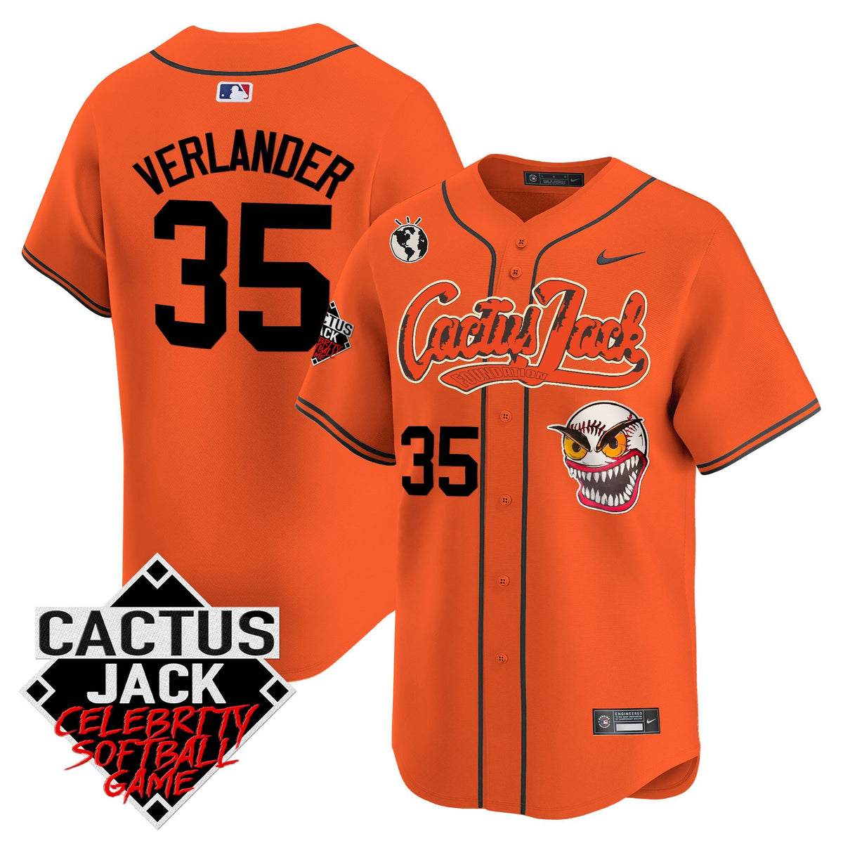 Justin Verlander 35 Houston Astros Cactus Jack Celebrity Softball Game Patch Men Jersey - Orange