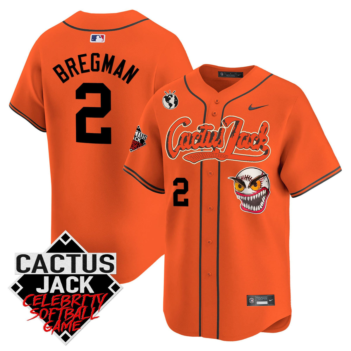 Alex Bregman 2 Houston Astros Cactus Jack Celebrity Softball Game Patch Men Jersey - Orange