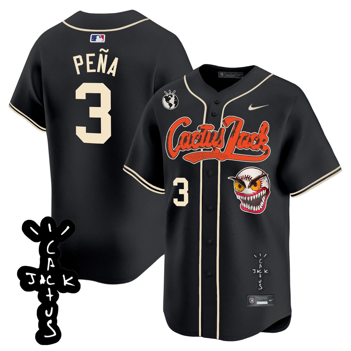 Jeremy Pena 3 Houston Astros Cactus Jack Patch V2 Men Jersey - Black