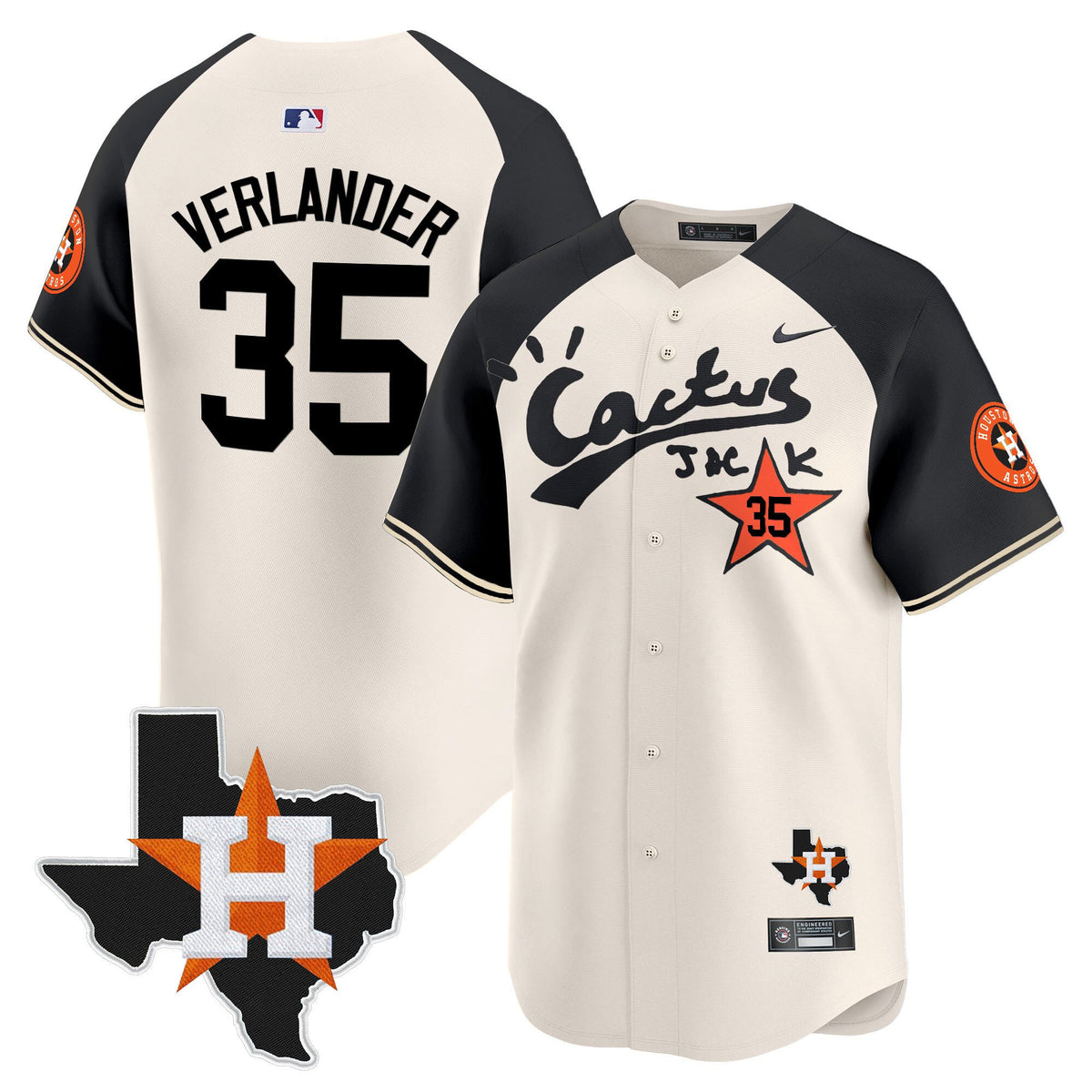 Justin Verlander 35 Houston Astros Cactus Jack Houston Patch Limited Jersey - Men, Cream Alternate