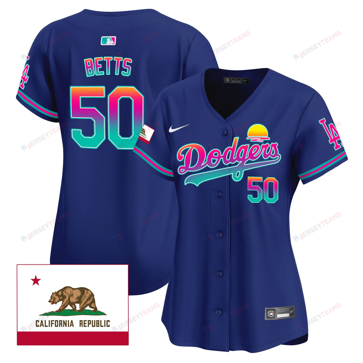 Mookie Betts 50 Los Angeles Dodgers 2024 Los Angeles City Style California Republic Patch Women Jersey - Royal