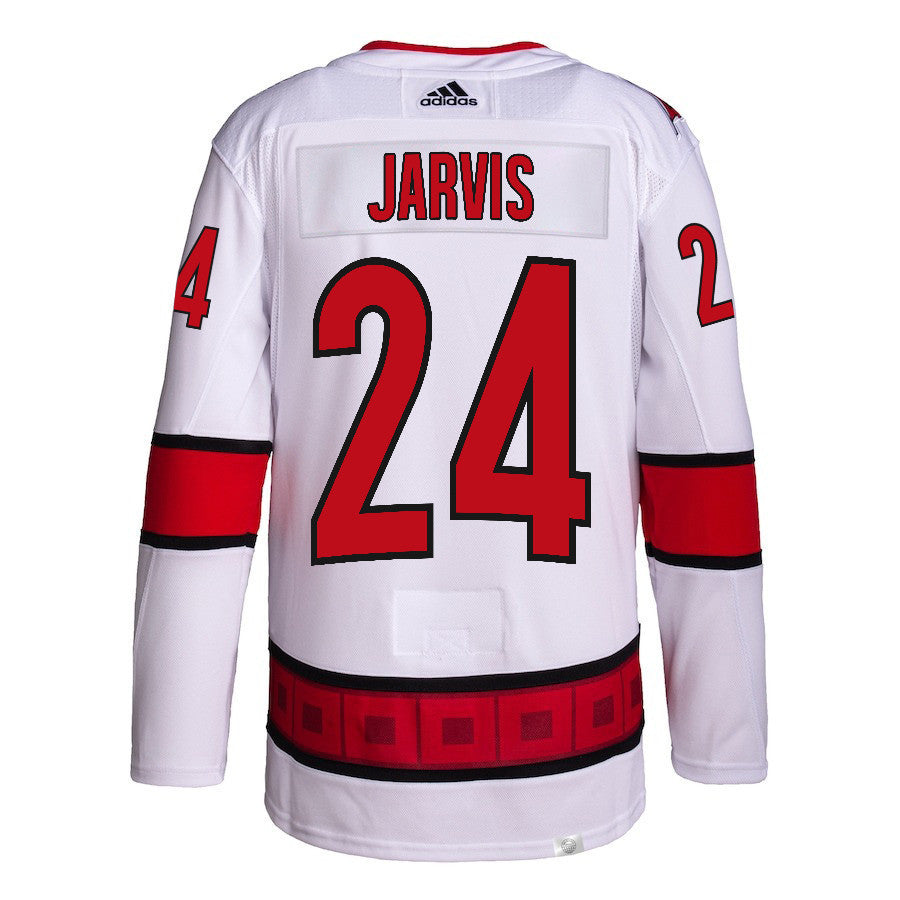 Seth Jarvis 24 Carolina Hurricanes 2024 NHL Playoffs Patch Away Jersey - Men, White