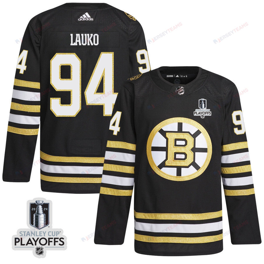 Jakub Lauko 94 Boston Bruins 2024 NHL Playoffs Patch Home Jersey - Men, Black