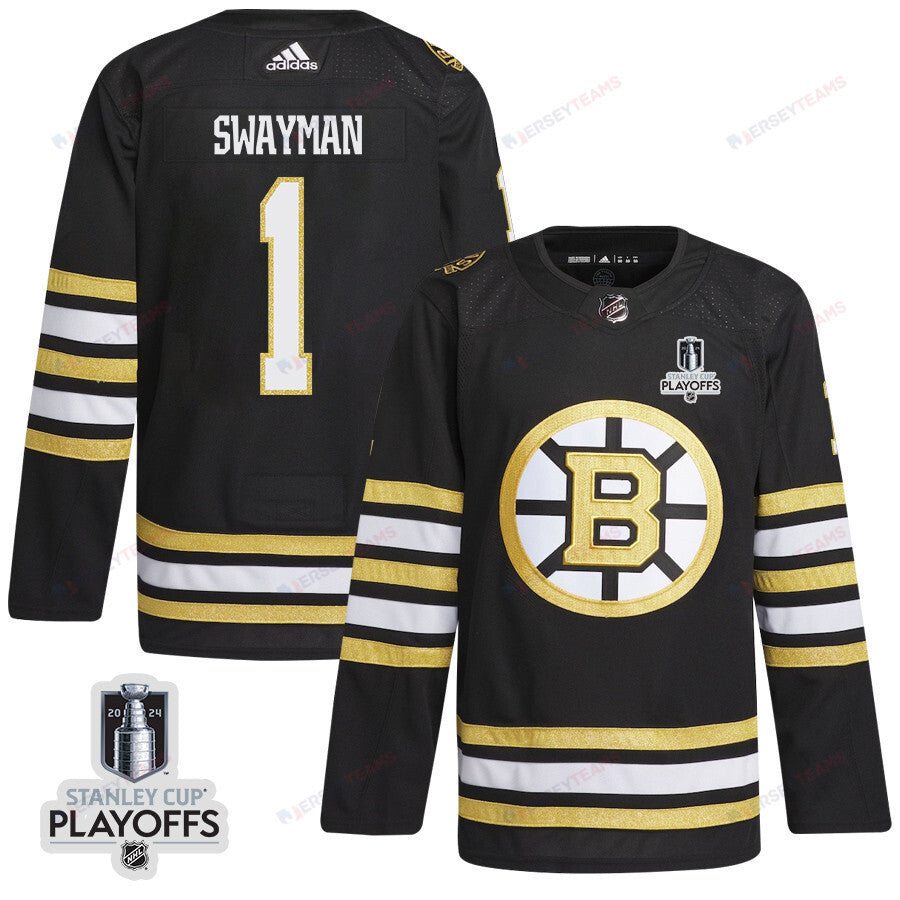 Jeremy Swayman 1 Boston Bruins 2024 NHL Playoffs Patch Home Jersey - Men, Black