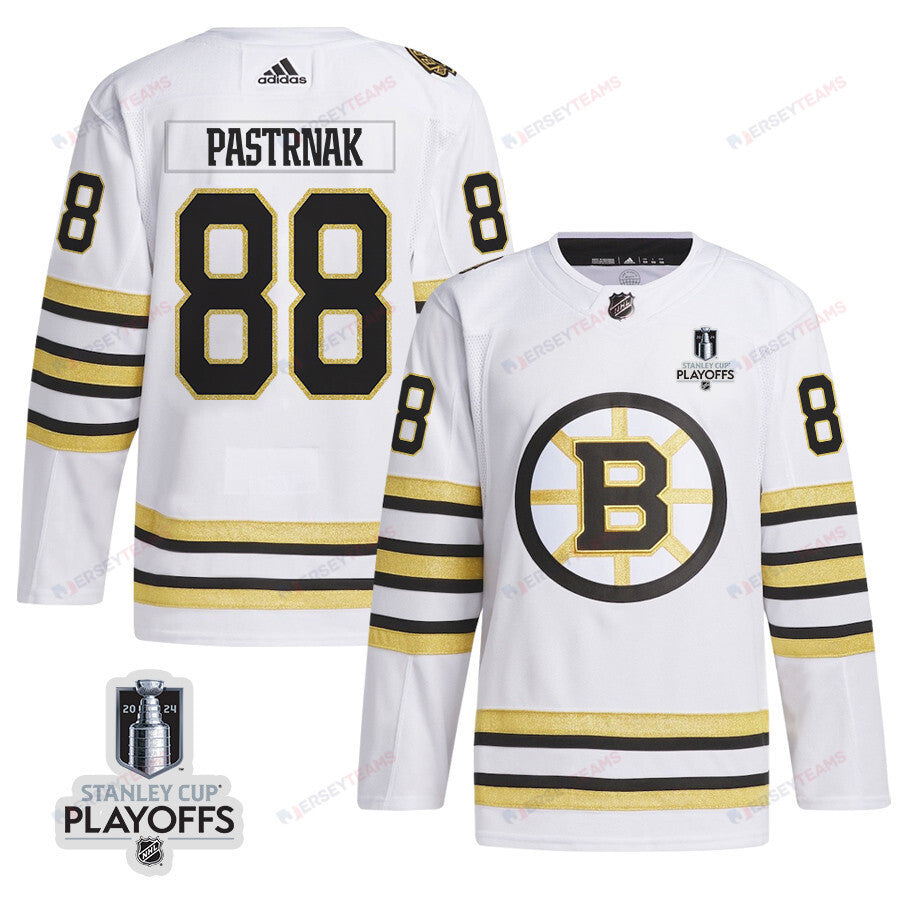 David Pastrnak 88 Boston Bruins 2024 NHL Playoffs Patch Away Jersey - Men, White