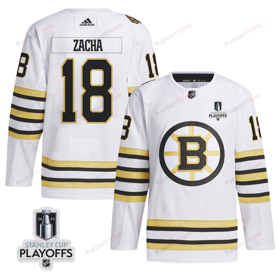 Pavel Zacha 18 Boston Bruins 2024 NHL Playoffs Patch Away Jersey - Men, White