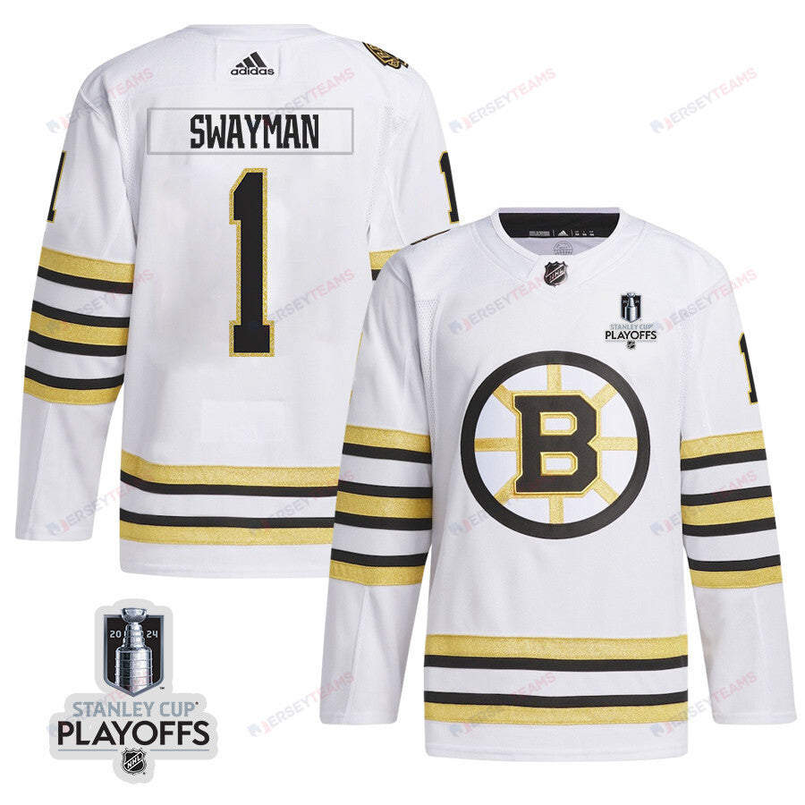 Jeremy Swayman 1 Boston Bruins 2024 NHL Playoffs Patch Away Jersey - Men, White