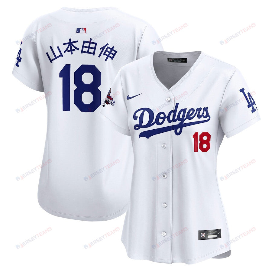 Yoshinobu Yamamoto 18 Los Angeles Dodgers Women's 2024 World Series Champions Japanese Characters Limited Player Jersey - White