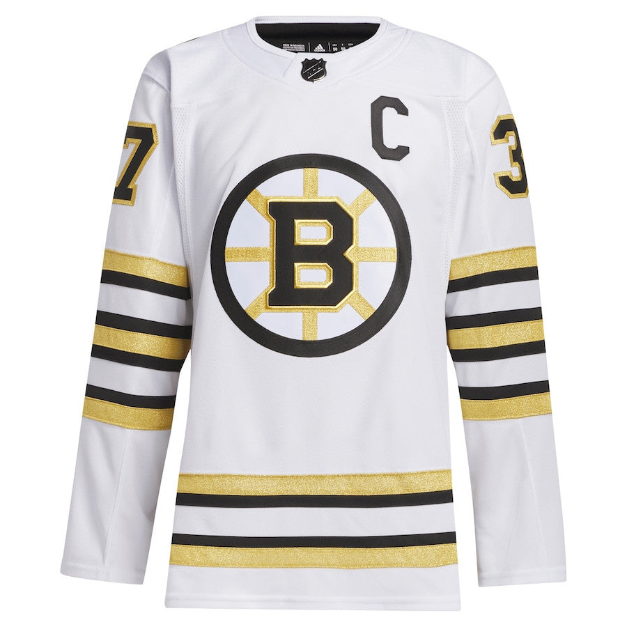 Patrice Bergeron 37 Boston Bruins 100th Anniversary Primegreen Away Men Jersey - White