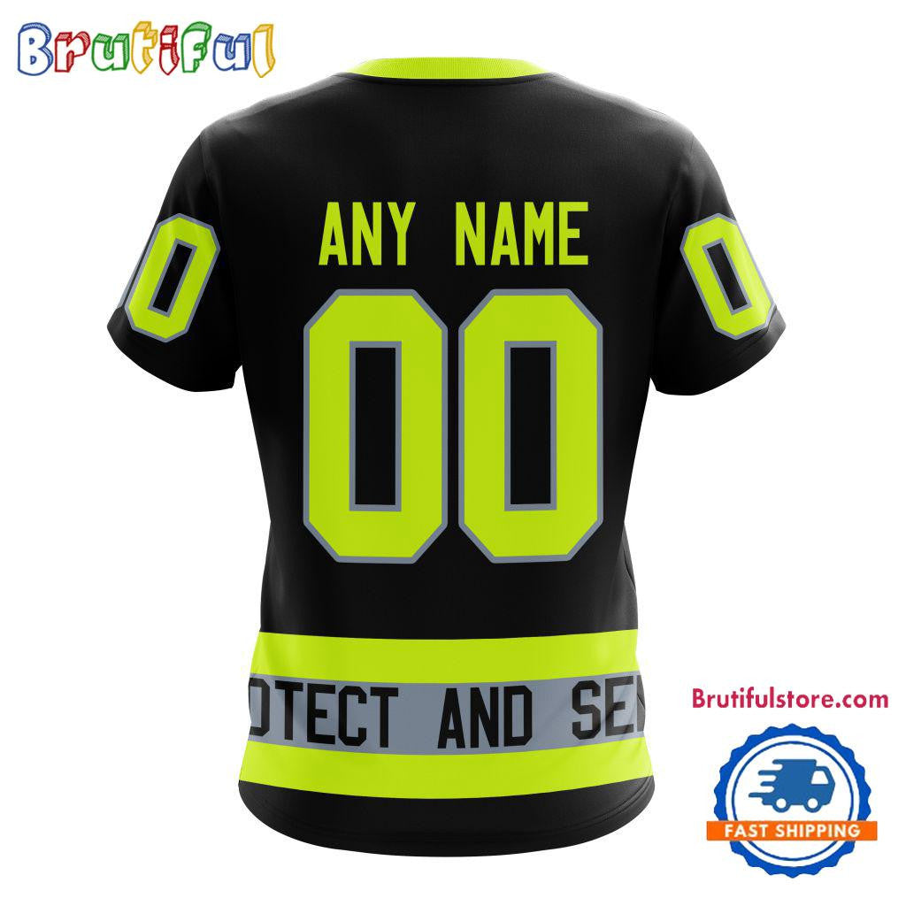 Tampa Bay Lightning Specialized FireFighter Uniforms Color Design Custom Name Number All Over Printed T-shirt - Black