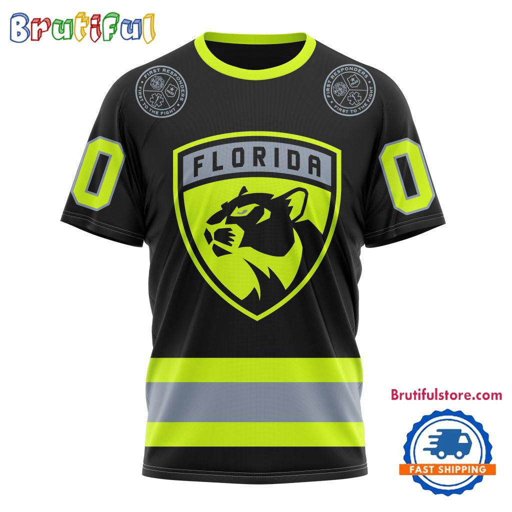 Florida Panthers Specialized FireFighter Uniforms Color Design Custom Name Number All Over Printed T-shirt - Black