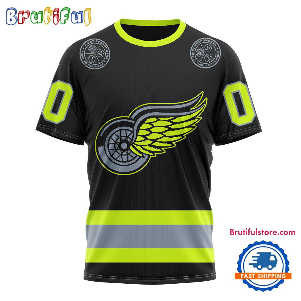 Detroit Red Wings Specialized FireFighter Uniforms Color Design Custom Name Number All Over Printed T-shirt - Black
