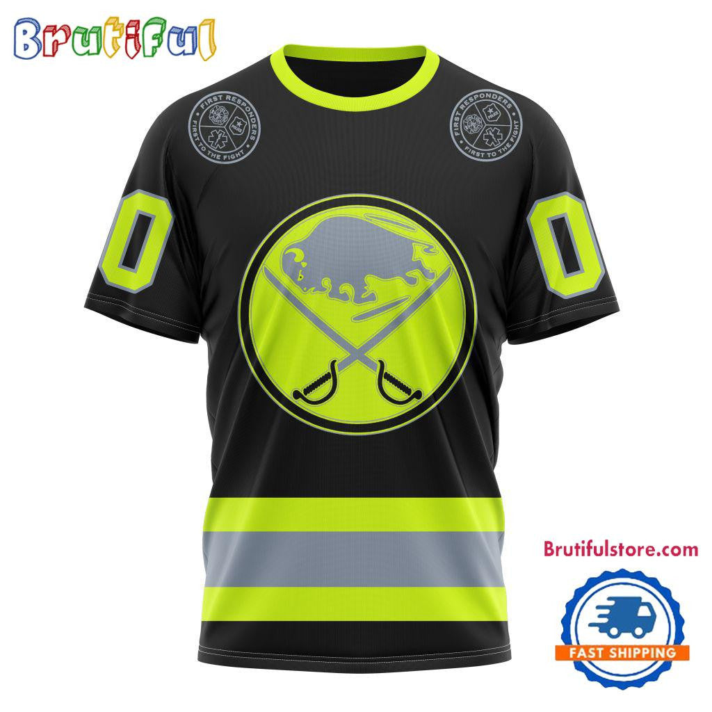 Buffalo Sabres Specialized FireFighter Uniforms Color Design Custom Name Number All Over Printed T-shirt - Black