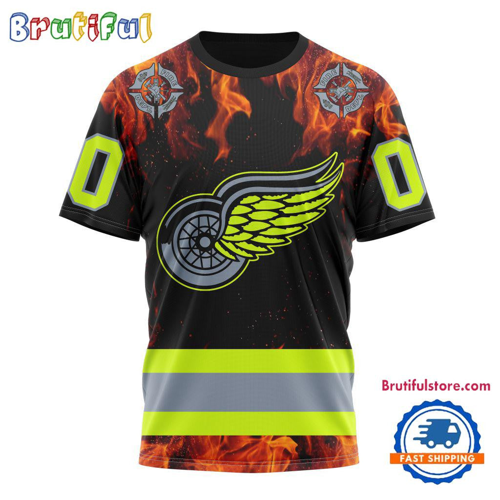 Detroit Red Wings Special Honoring Firefighters Custom Name Number All Over Printed T-shirt - Black