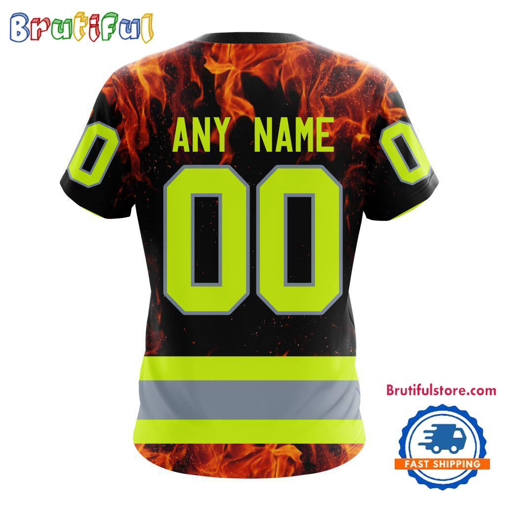 Chicago Blackhawks Special Honoring Firefighters Custom Name Number All Over Printed T-shirt - Black