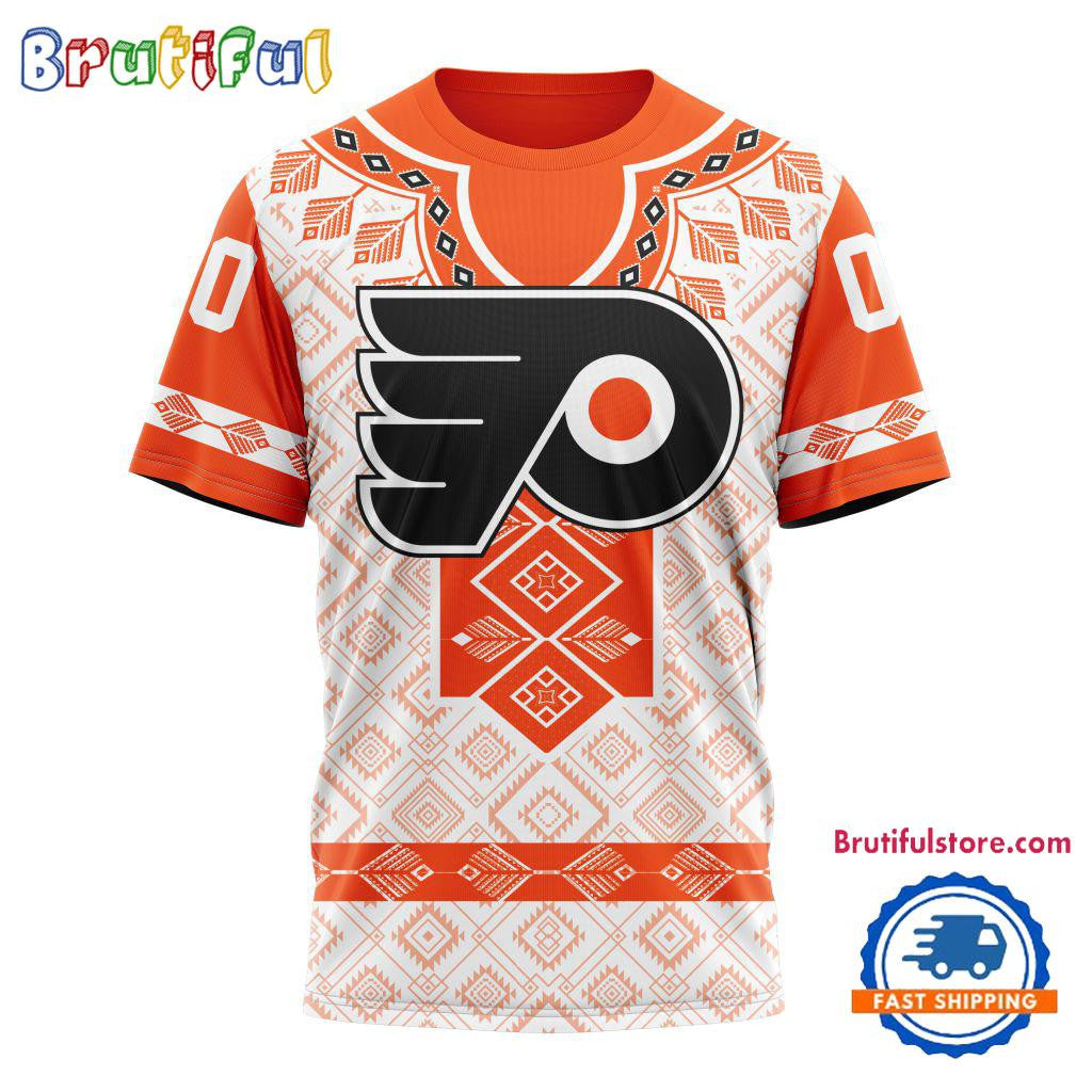 Philadelphia Flyers Hockey Team Native Heritage Design Custom Name Number All Over Printed T-shirt - White