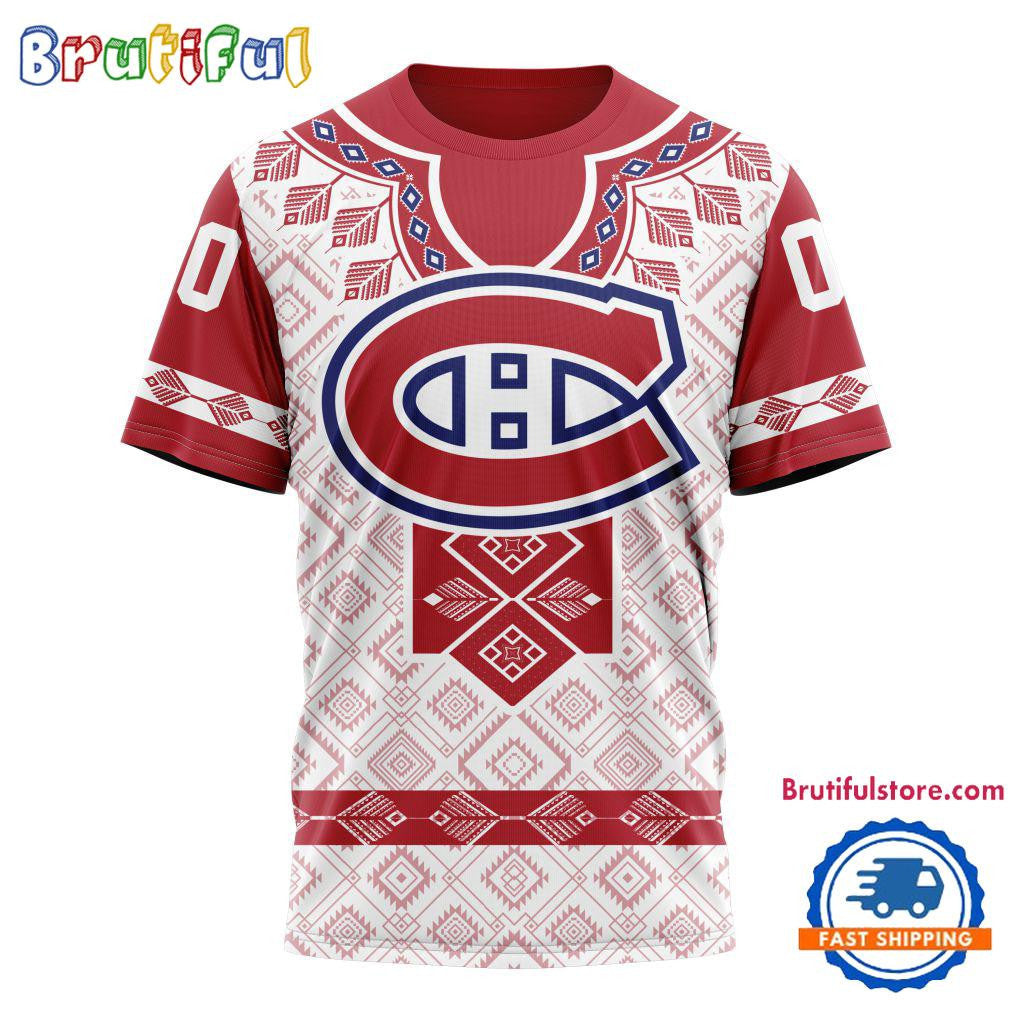 Montreal Canadiens Hockey Team Native Heritage Design Custom Name Number All Over Printed T-shirt - White