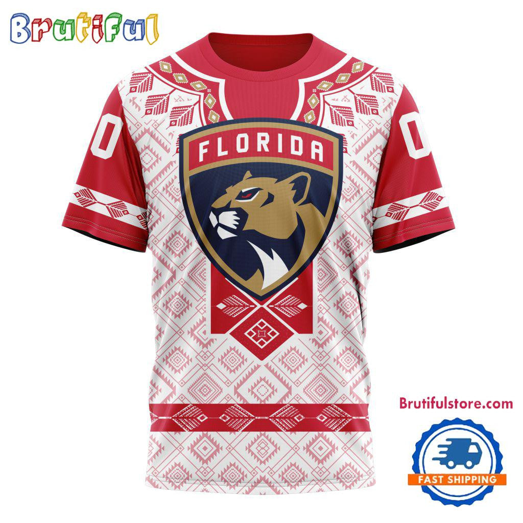 Florida Panthers Hockey Team Native Heritage Design Custom Name Number All Over Printed T-shirt - White