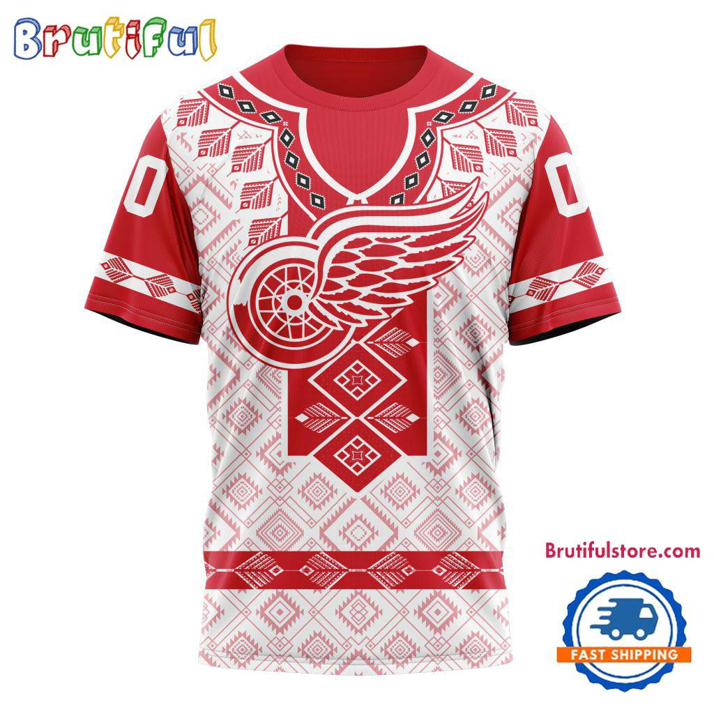 Detroit Red Wings Hockey Team Native Heritage Design Custom Name Number All Over Printed T-shirt - White