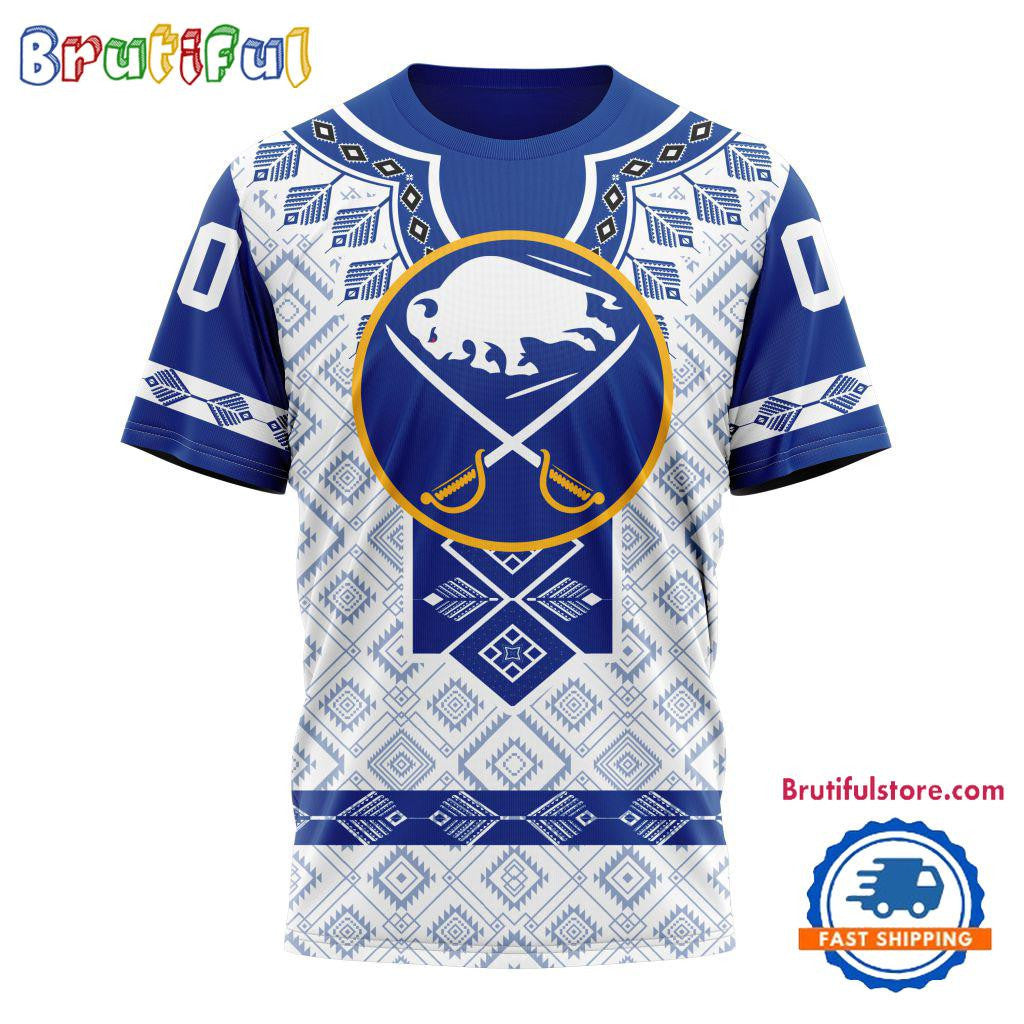 Buffalo Sabres Hockey Team Native Heritage Design Custom Name Number All Over Printed T-shirt - White