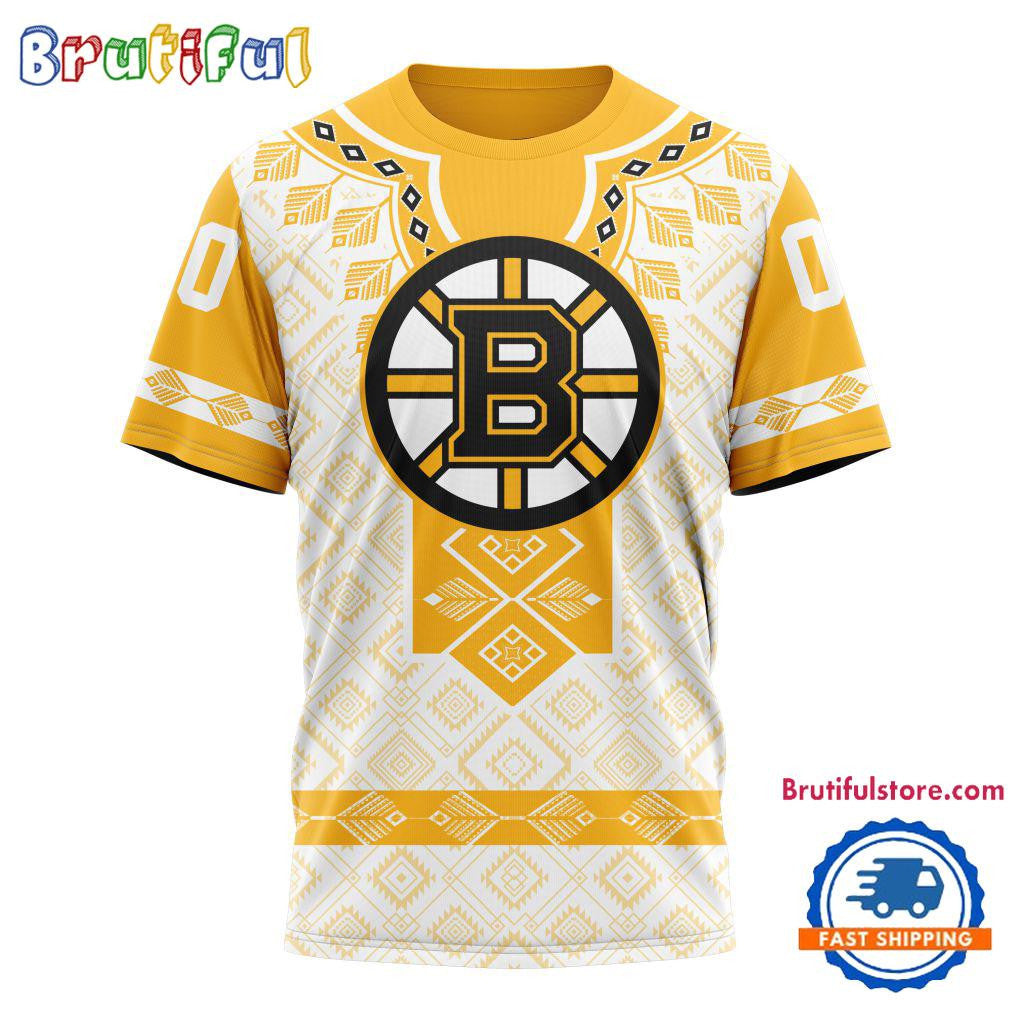 Boston Bruins Hockey Team Native Heritage Design Custom Name Number All Over Printed T-shirt - White