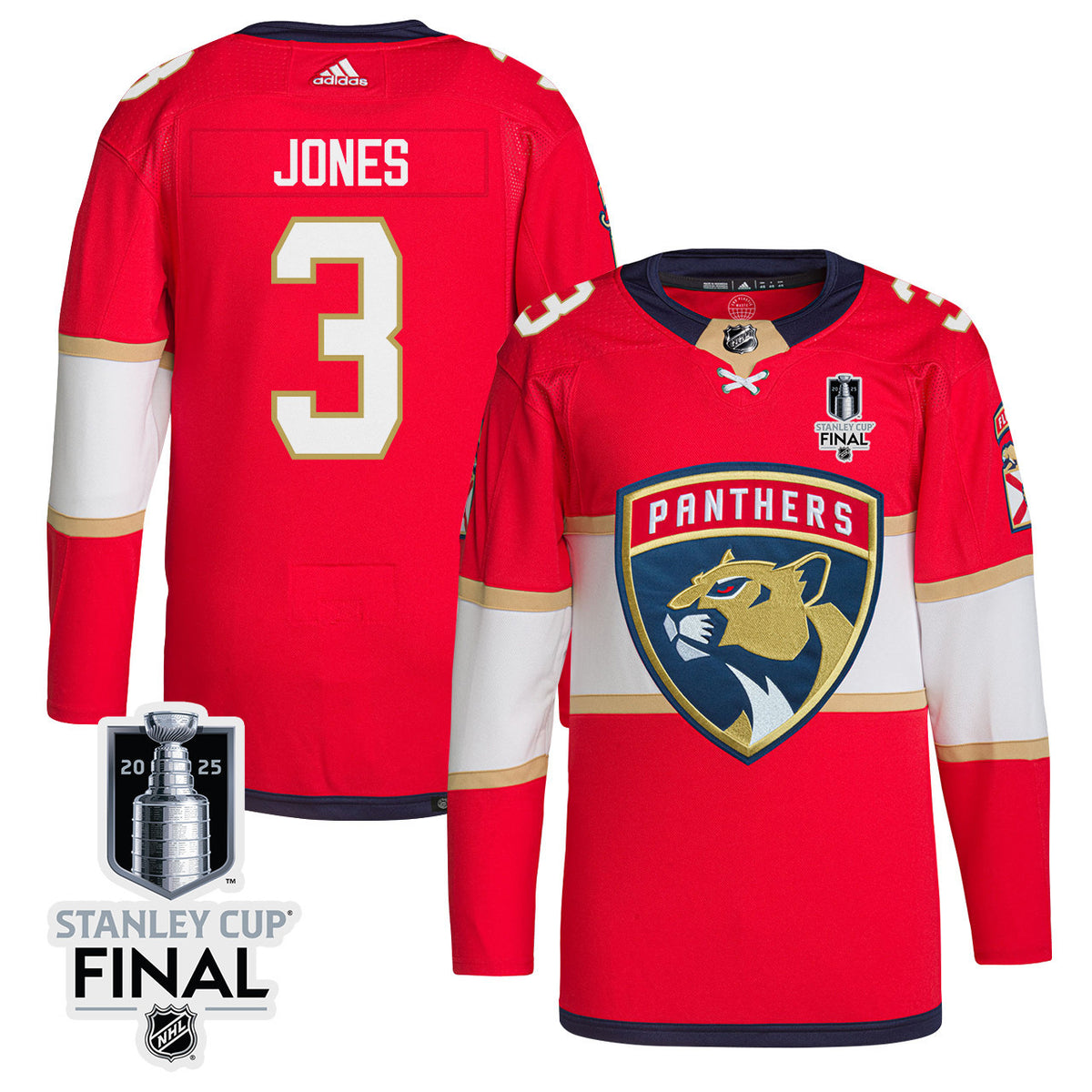 Seth Jones 3 Florida Panthers 2025 STANLEY CUP Final Patch Home Men Jersey - Red