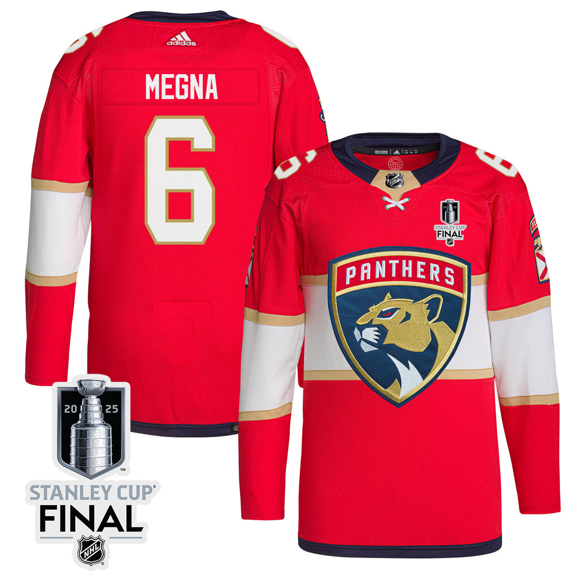 Jaycob Megna 6 Florida Panthers 2025 STANLEY CUP Final Patch Home Men Jersey - Red