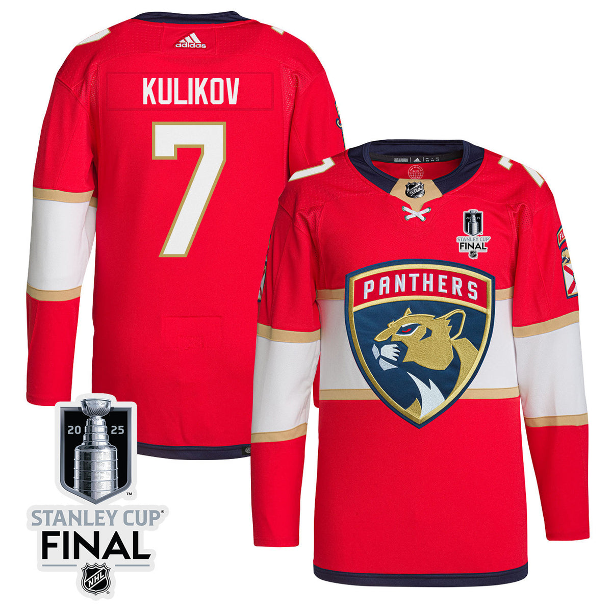 Dmitry Kulikov 7 Florida Panthers 2025 STANLEY CUP Final Patch Home Men Jersey - Red