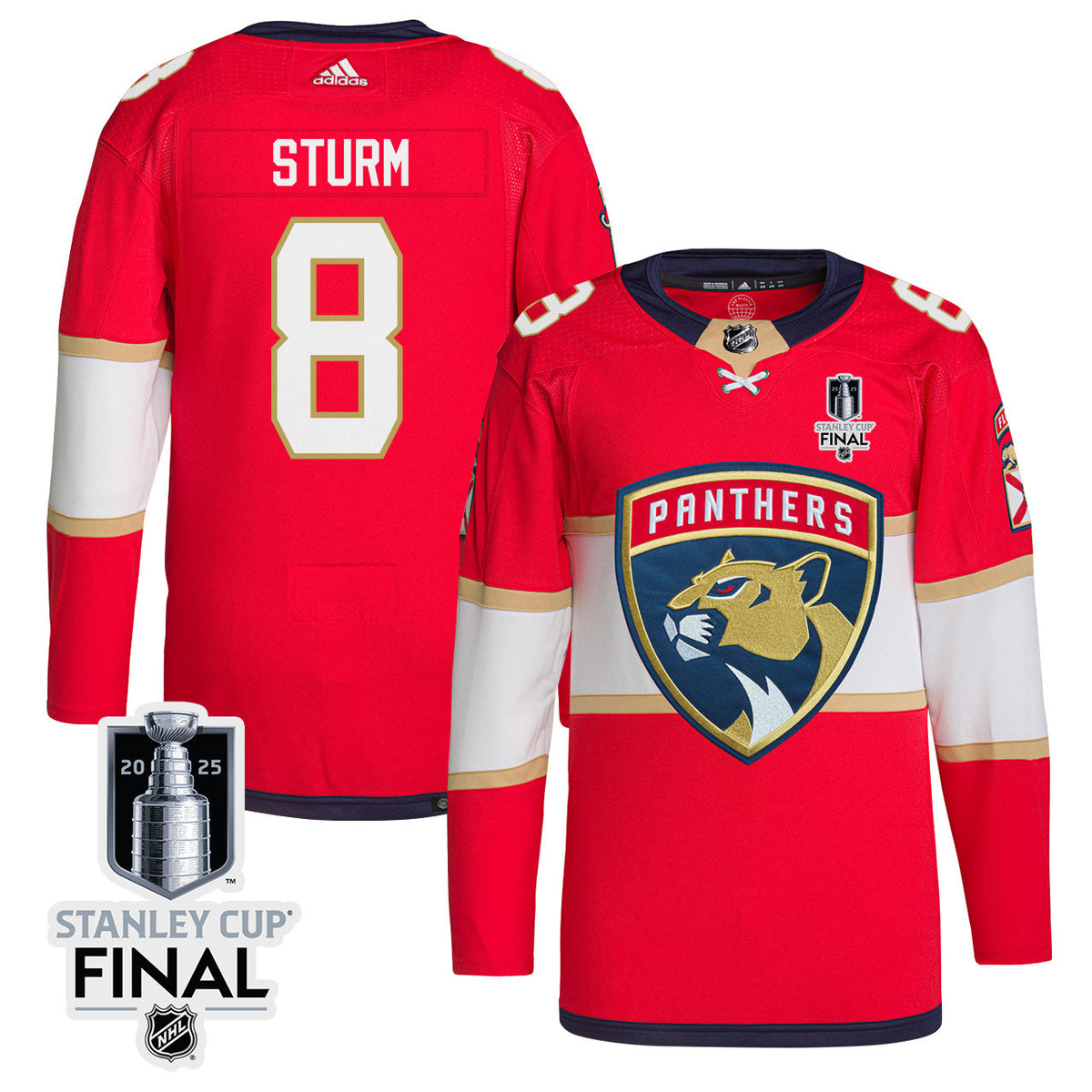 Nico Sturm 8 Florida Panthers 2025 STANLEY CUP Final Patch Home Men Jersey - Red