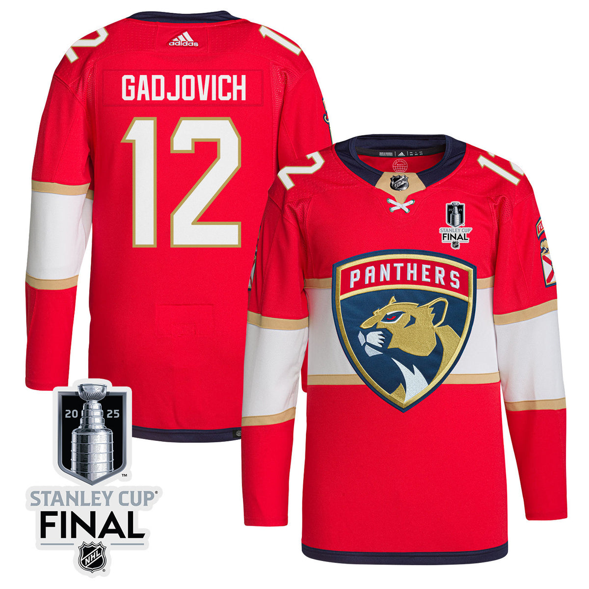 Jonah Gadjovich 12 Florida Panthers 2025 STANLEY CUP Final Patch Home Men Jersey - Red