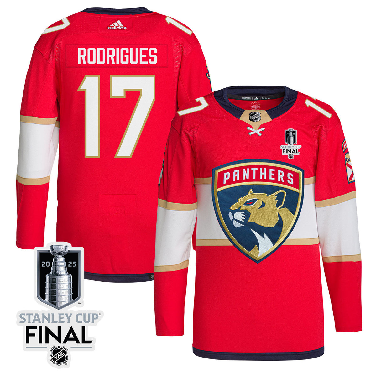 Evan Rodrigues 17 Florida Panthers 2025 STANLEY CUP Final Patch Home Men Jersey - Red