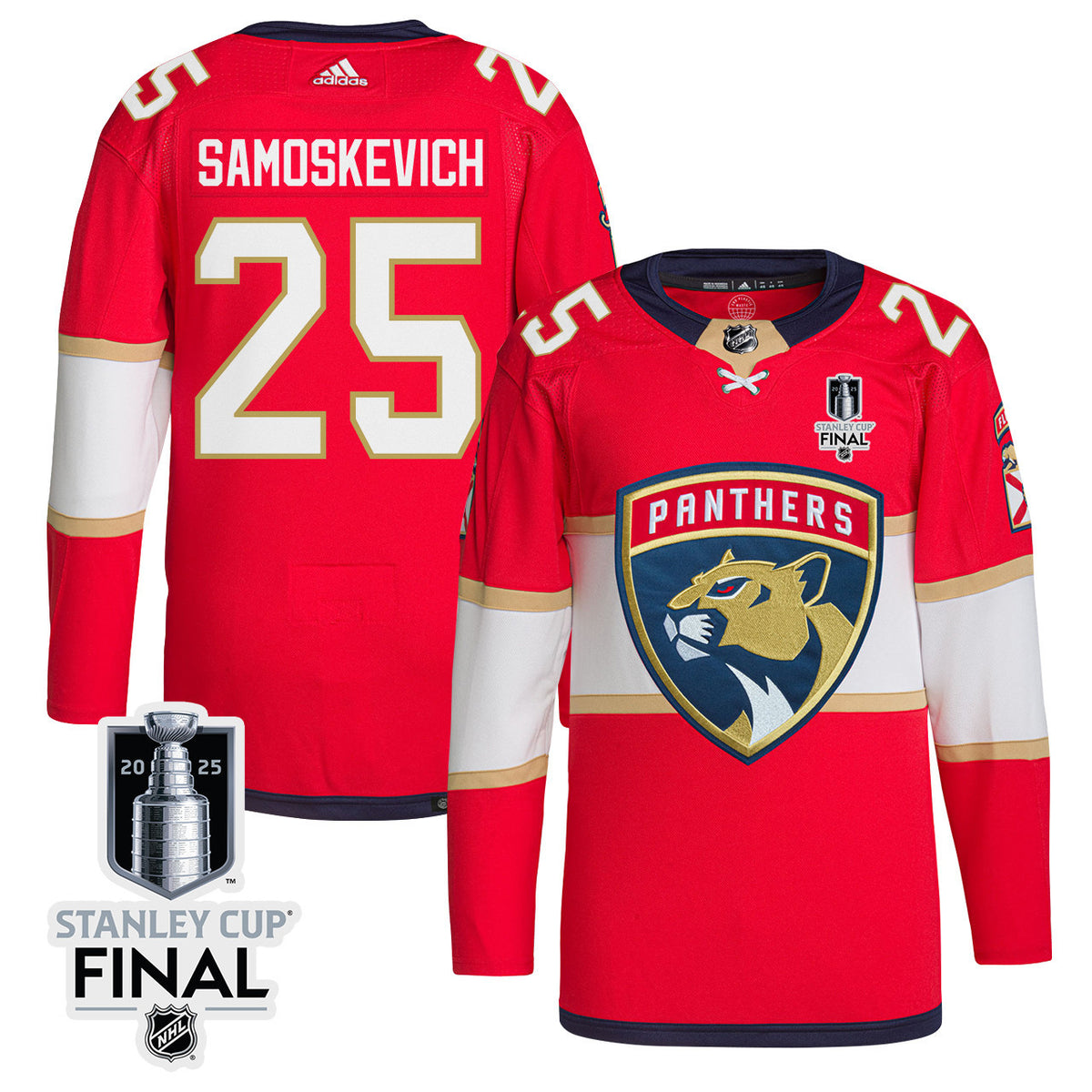 Mackie Samoskevich 25 Florida Panthers 2025 STANLEY CUP Final Patch Home Men Jersey - Red