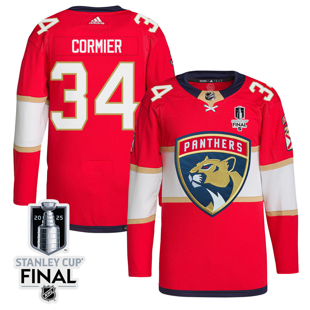 Evan Cormier 34 Florida Panthers 2025 STANLEY CUP Final Patch Home Men Jersey - Red