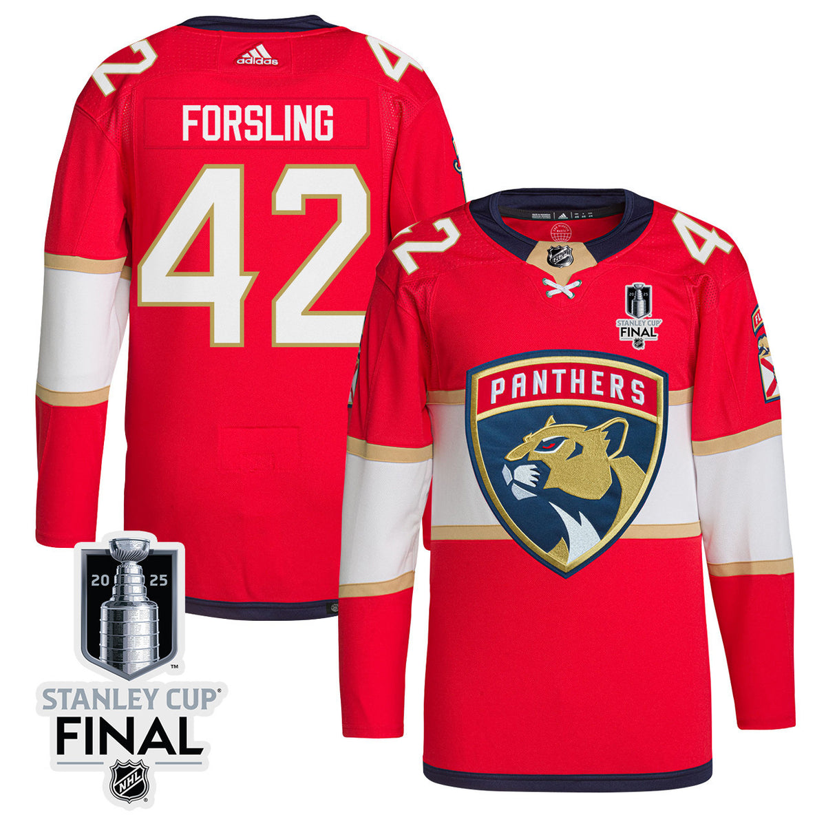 Gustav Forsling 42 Florida Panthers 2025 STANLEY CUP Final Patch Home Men Jersey - Red